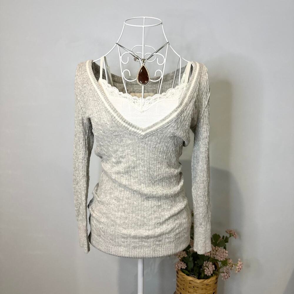 vintage y2k gray Abercrombie & Fitch babydoll long sleeve striped sweater